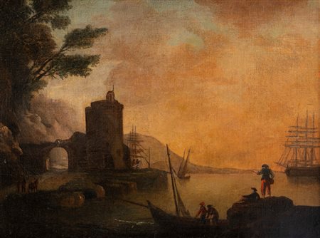 Imitatore di Claude-Joseph Vernet - Paesaggio costiero con torre circolare e veliero