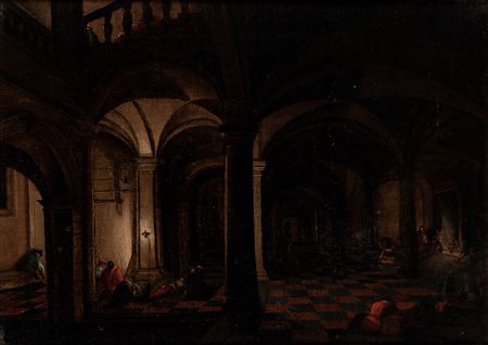 Scuola fiamminga, secolo XVII - Notturno con figure in un interno