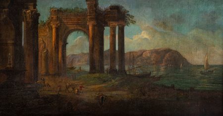 Imitatore di Agostino Tassi - Paesaggio costiero con capriccio architettonico