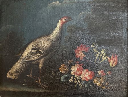 Scuola italiana, secolo XVIII - Natura morta con fagiano e fiori en plein air