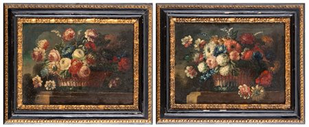 Scuola napoletana, secolo XVIII - Nature morte con fiori in un cesto di vimini, en plein air