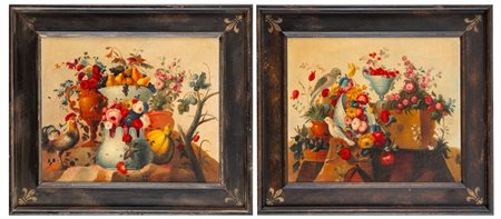 Imitatore di Gaspare Lopez - Vaso con ciliegie, fiori, fichi e volatili; Vaso con pere e uva, fiori, zucca e un galletto