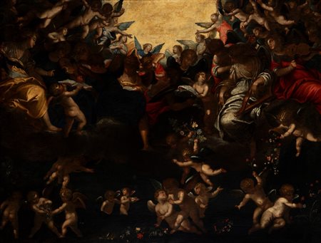 Scuola dell'Italia settentrionale, secolo XVII - Angeli musicanti in gloria con putti e fiori