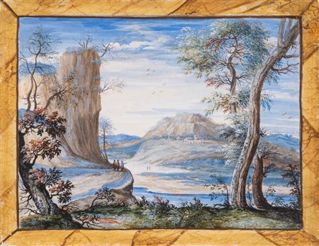 Paolo Anesi (Roma 1697-1773) - Paesaggio fluviale con sperone roccioso e viandanti