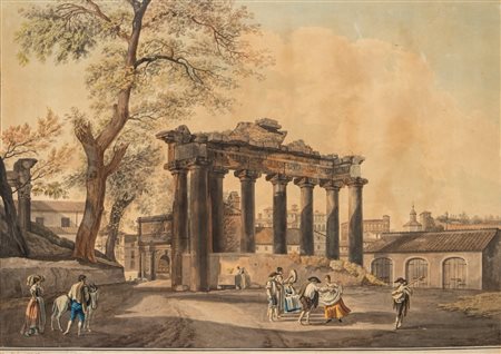 Giovanni Volpato su disegno di Louis Ducros, Veduta del Tempio della Concordia a Roma con scena di vita popolare