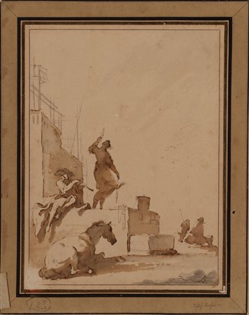 Scuola del secolo XVIII - Figure, architetture e cavallo