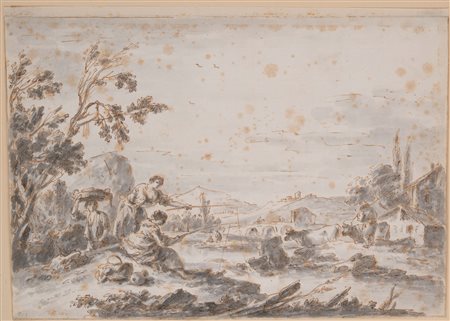 Giuseppe Zais (Forno di Canale 1709 - Treviso 1784)  - Paesaggio fluviale con pescatori e armenti