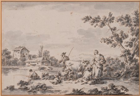 Giuseppe Zais (Forno di Canale 1709 - Treviso 1784)  - Paesaggio fluviale con pescatori, pastori e armenti
