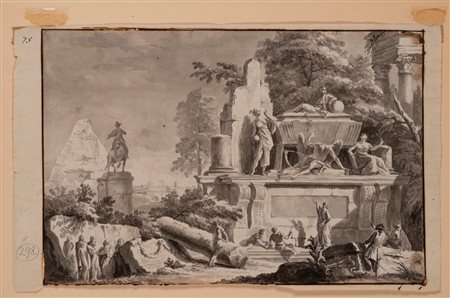 Attribuito a Marco Ricci (Belluno 1676 - Venezia 1730) - Paesaggio con figure presso rovine architettoniche con la Tomba di Newton