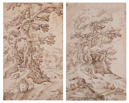 Scuola dell'Italia centrale, secolo XVII - Paesaggio con alberi e architetture sullo sfondo; Paesaggio con alberi e figure