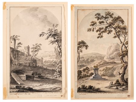 Attribuito a Vincenzo Martinelli (Bologna 1737 – 1807)  - Paesaggio con rovine architettoniche; Paesaggio con Vitello d'oro