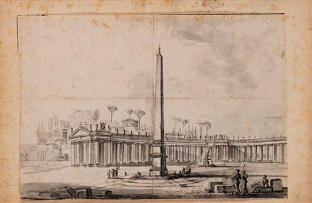 Jean-Baptiste  Lallemand (Francia 1716 - 1803)  - Roma, veduta dell'obelisco e del colonnato di San Pietro