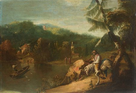 Scuola veneta, secolo XVIII - Paesaggio fluviale con viandante a cavallo e altre figure