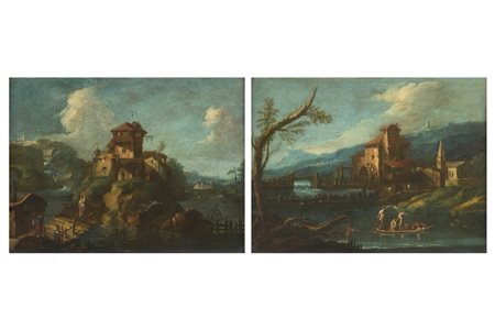 Antonio Diziani (Venezia 1737 – 1797) - Paesaggio fluviale con figure e mulino; Paesaggio fluviale con castello e figure presso un ponte