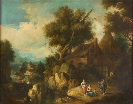 Giuseppe Zais (Forno di Canale 1709 - Treviso 1784)  - Paesaggio fluviale con figure nei pressi di un casolare
