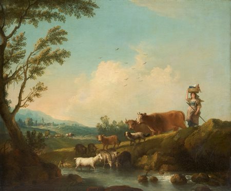 Francesco Zuccarelli (Pitigliano 1702 - Firenze 1788)  - Paesaggio con pastorella e armenti
