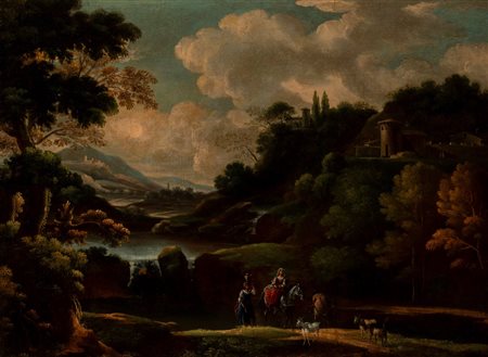 Scuola dell'Italia settentrionale, secolo XVIII - Paesaggio fluviale con viandanti in primo piano e castello sullo sfondo
