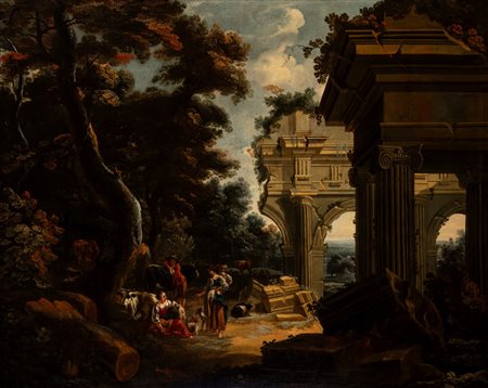 Cerchia di Nicolaes Berchem (Haarlem 1620 – Amsterdam 1683) - Paesaggio con figure e armenti presso rovine architettoniche