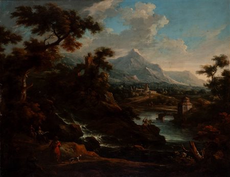 Scipione Cignaroli (Milano 1690 - Torino 1753)  - Paesaggio fluviale con pittore in primo piano nei pressi di un ruscello