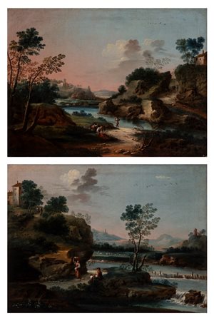 Cerchia di Francesco Zuccarelli (Pitigliano 1702 – Firenze 1788) - Paesaggi fluviali con figure