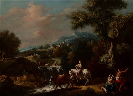 Cerchia di Francesco Zuccarelli (Pitigliano 1702 – Firenze 1788) - Paesaggio fluviale con viandanti nei pressi di una cascata