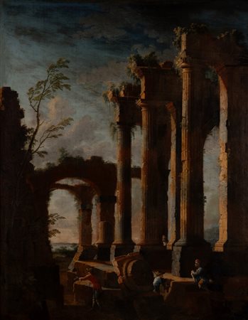 Leonardo Coccorante (Napoli 1680 - 1750)  - Capriccio architettonico con figure