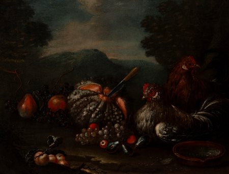 Scuola lombarda, fine secolo XVII-inizio XVIII - Natura morta con zucca, frutta e animali da cortile