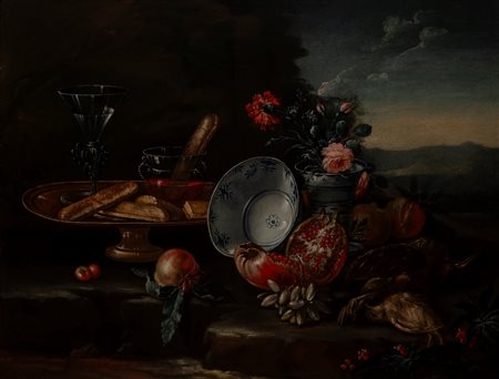 Ambito di Giacomo Nani - Natura morta con frutta, biscotti e ceramiche en plein air