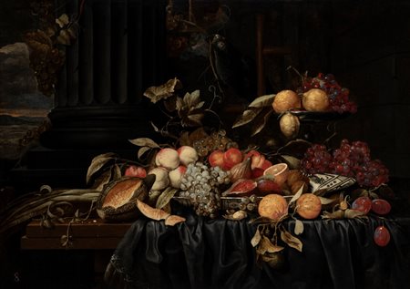 Andrea Benedetti (1615/20 - circa 1660)  - Natura morta di uva, limoni, pesche e prugne su un piano con paesaggio sullo sfondo