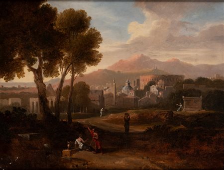 Attribuito a Jan Frans van Bloemen, detto L'Orizzonte (Anversa 1662 – Roma 1749) - Paesaggio con monumenti romani e figure