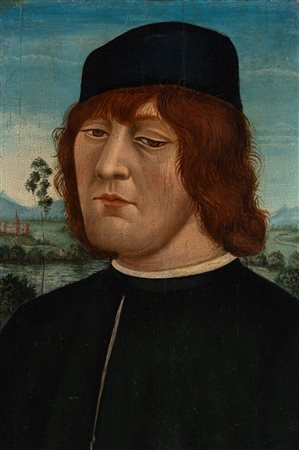 Imitatore di Giovanni Bellini - Ritratto virile con berretto nero a mezzo busto