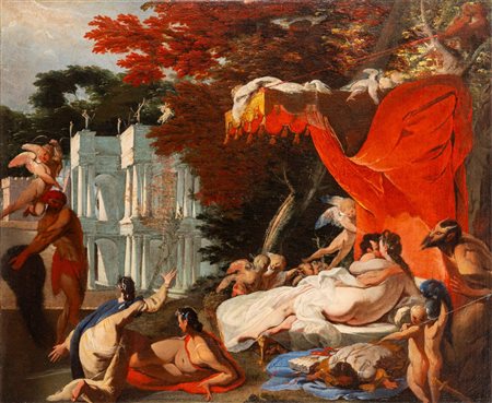 Pittore fiammingo, fine secolo XVII - Marte e Venere scoperti da Vulcano