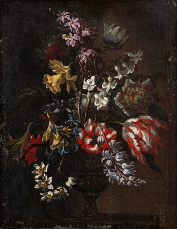 Scuola romana, secolo XVII - Tulipani, narcisi, giunchiglie e giacinti in un vaso istoriato su un tavolo
