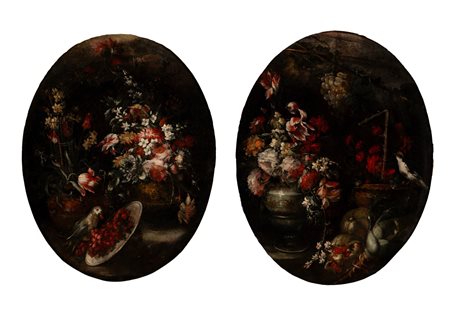 Elisabetta Marchioni (Rovigo, fine secolo XVII - inizio secolo XVIII)  - Vasi di fiori con pappagallino e piatto di fragoline; Vasi di fiori con cardellino e frutta