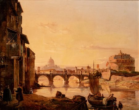 Scuola del secolo XIX - Roma, veduta della Basilica di San Pietro e Castel Sant'Angelo con figure