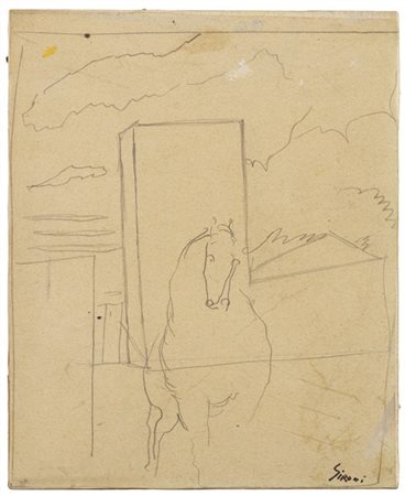 Mario Sironi "Studio di paesaggio urbano e cavallo" 1923 circa
matita su carta i