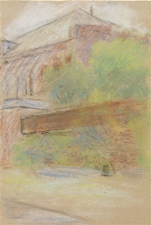 MIKHAIL LARIONOV "Paesaggio con case e figura evanescente" 1903-1904
pastello su