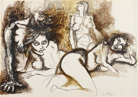 Renato Guttuso "Nudi" 
tecnica mista su carta intelata
cm 35,5x50
Firmato in bas