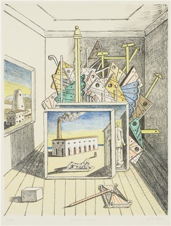 Giorgio De Chirico "Interno metafisico" 1970
litografia a colori - prova d'artis