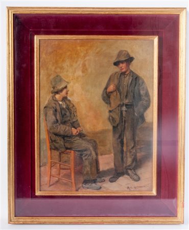 MICHELE CAMMARANO (Napoli, 1835 - 1920) 
Popolani in dialogo 
Olio su tela 40 x 30 cm