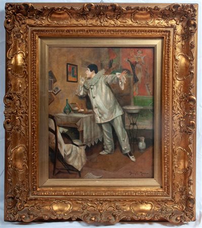 JEAN PHILIP  MORENO (1906 - ) 
Pierrot dentro la stanza 
dipinto a olio su tela 50 x 40 cm