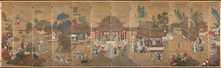  
Importante dipinto composto da dodici pannelli. Inchiostro e pigmenti su seta, Cina, dinastia Qing (1644.1912) 
 cad pannello Alt.156,5X50,5cm