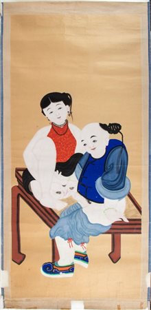  
Scena erotica. Dipinto a tempera e inchiostro su carta. Cina, periodo Repubblica (1912-1949)  
 Cm 128 x 62 ca.
