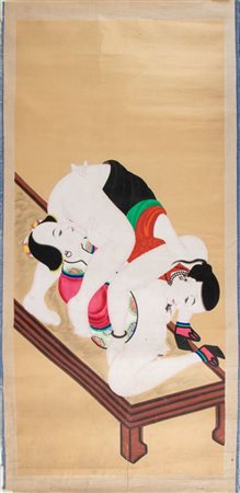  
Scena erotica. Dipinto a tempera e inchiostro su carta. Cina, periodo Repubblica (1912-1949) 
 Cm 128 x 62 ca.