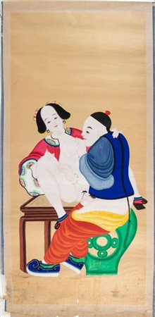  
Scena erotica. Dipinto a tempera e inchiostro su carta. Cina, periodo Repubblica (1912-1949)  
 Cm 128 x 62 ca.