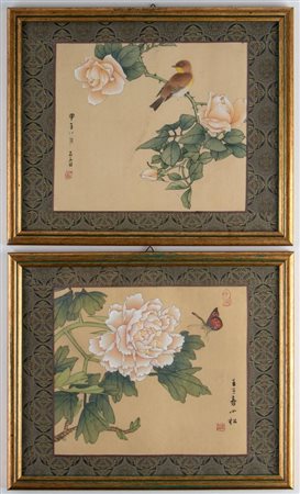  
Coppia di dipinti con la cornice. Inchiostri su carta applicati su seta. Cina, XX secolo XX secolo
 cm 30  X 25 