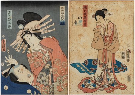 Utagawa Kunisada (1786 - 1865) 
Attori in un dramma kabuki | Ritratto di bijin 
 mm 350 x 250 mm e 357 x 250