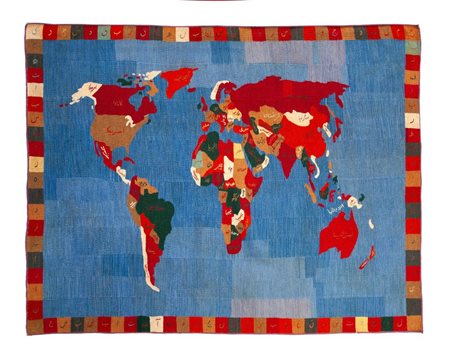  
Suzani "Mappa del Mondo" ricamato in lana su tela di canapa. Afghanistan, Seconda Metà del XX secolo 
   cm 265 X 202