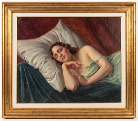 Dipinto a olio su tela raffigurante una giovane donna dormiente,  Pittore del XIX/XX cm 48x40 circa
