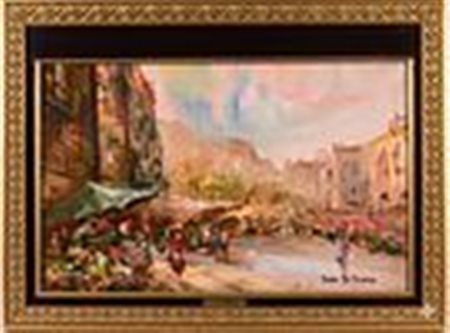 Giulio De Simone, Scena di mercato in una città italiana, olio su tavola, metà del XX secolo cm 60x50
